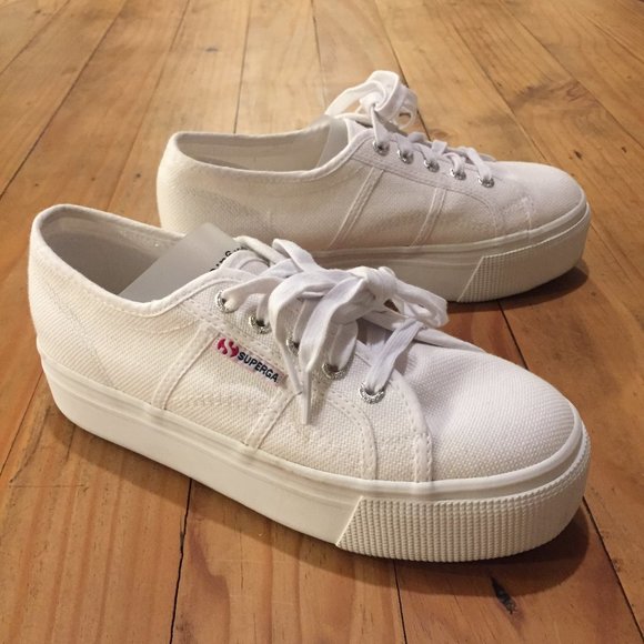 Superga Shoes - Superga White Canvas Platform Sneakers